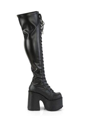 Black Stretch Vegan Leather Thigh-High Boots with Full-Length Outside Metal Zip